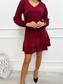 Bordowa Połyskująca Sukienka z Falbanką 13337-14-A|Modna Kiecka Outlet