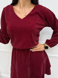 Bordowa Połyskująca Sukienka z Falbanką 13337-14-A|Modna Kiecka Outlet