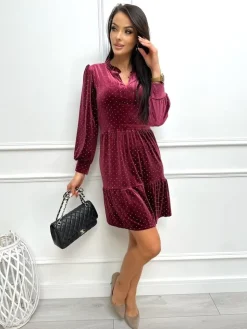 Bordowa Połyskująca Welurowa Sukienka 13360-409-A|Modna Kiecka Sale