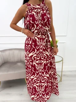 Bordowa Sukienka Maxi w Beżowy Wzór z Paskiem 14019-233-A|Modna Kiecka Fashion