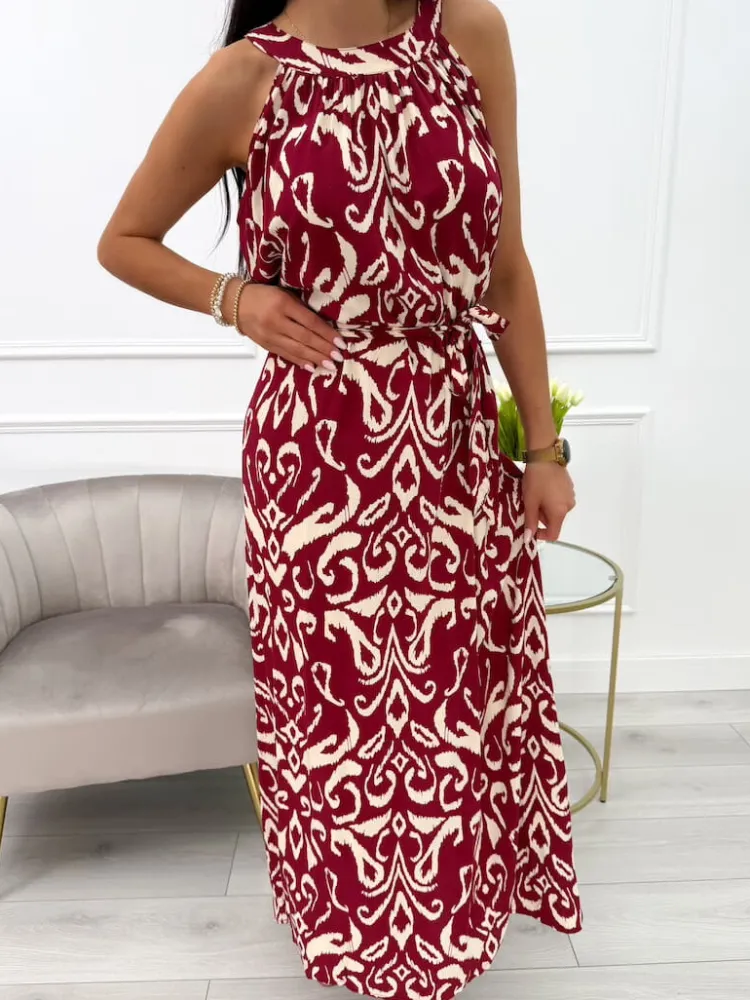 Bordowa Sukienka Maxi w Beżowy Wzór z Paskiem 14019-233-A|Modna Kiecka Fashion