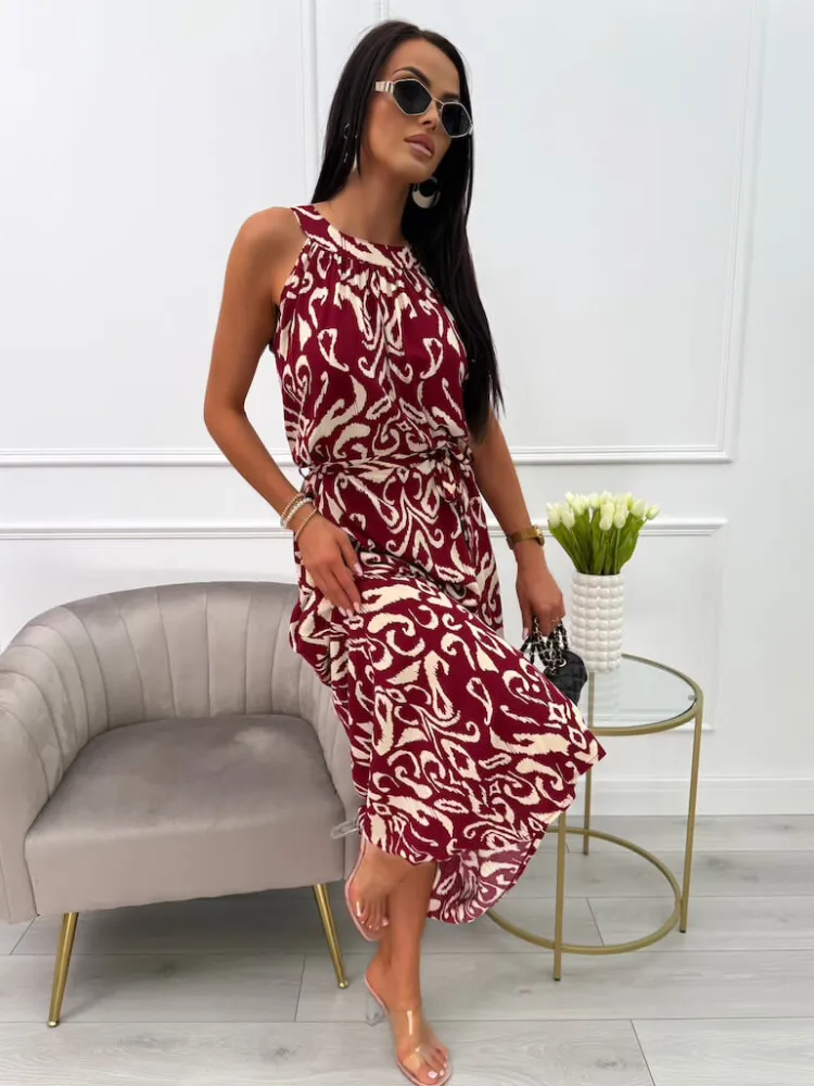 Bordowa Sukienka Maxi w Beżowy Wzór z Paskiem 14019-233-A|Modna Kiecka Fashion