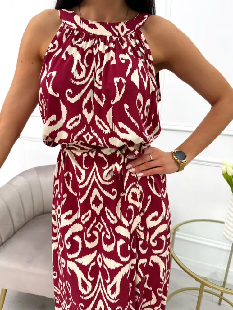 Bordowa Sukienka Maxi w Beżowy Wzór z Paskiem 14019-233-A|Modna Kiecka Fashion