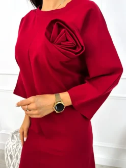 Bordowa Sukienka Oversize z Ozdobną Różą 12818-358-A|Modna Kiecka Hot