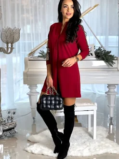 Bordowa Sukienka z Cekinowym Lampasem 6832-506-A|Modna Kiecka Hot
