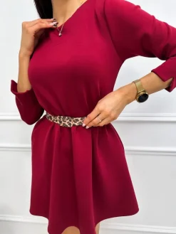 Bordowa Sukienka z Kieszeniami i Paskiem 13275-318-B|Modna Kiecka Hot