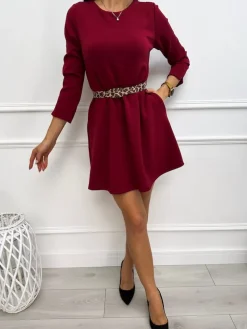 Bordowa Sukienka z Kieszeniami i Paskiem 13275-318-B|Modna Kiecka Hot