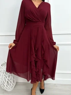 Bordowa Sukienka z Kopertowym Dekoltem 13355-135-A|Modna Kiecka Outlet
