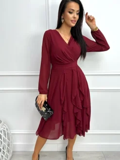 Bordowa Sukienka z Kopertowym Dekoltem 13355-135-A|Modna Kiecka Outlet