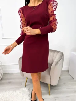 Bordowa Sukienka z Ozdobnym Rękawem 11043-30-G|Modna Kiecka Discount