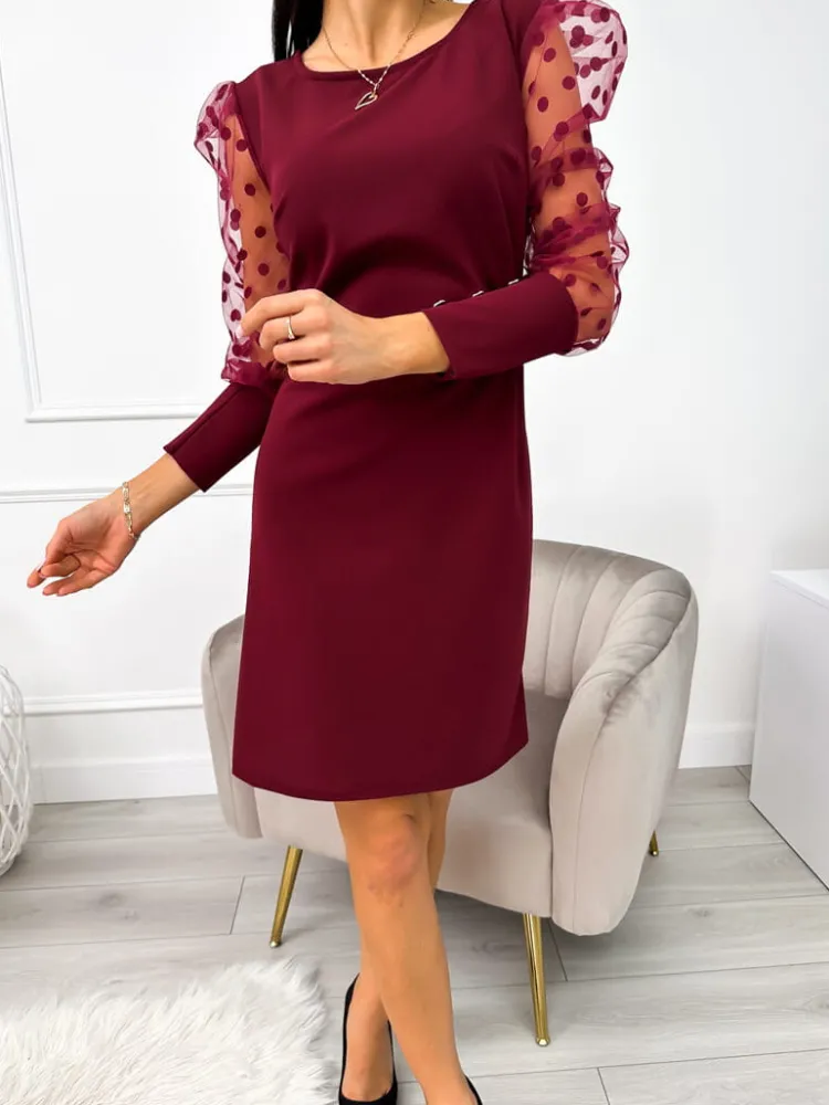 Bordowa Sukienka z Ozdobnym Rękawem 11043-30-G|Modna Kiecka Discount