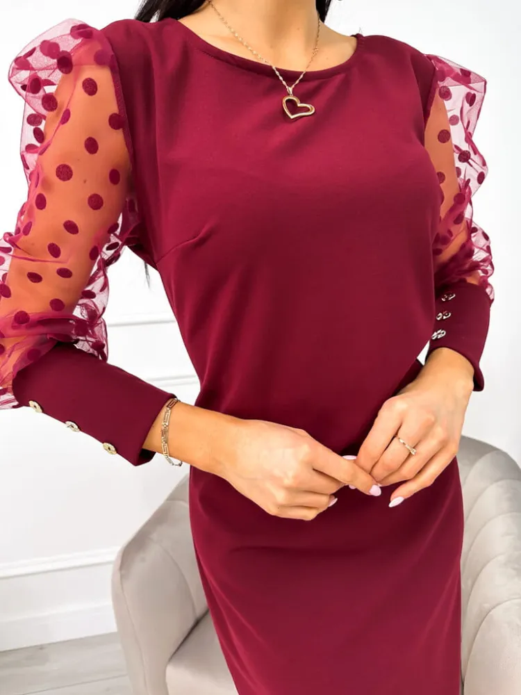 Bordowa Sukienka z Ozdobnym Rękawem 11043-30-G|Modna Kiecka Discount