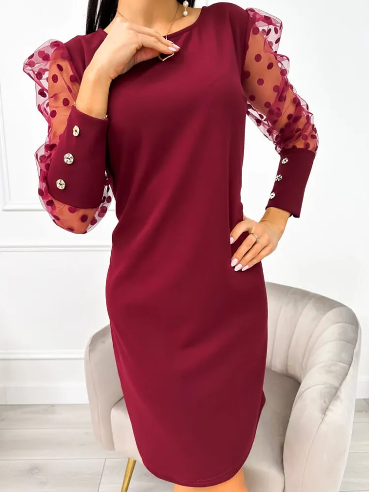 Bordowa Sukienka z Ozdobnym Rękawem 11043-30-G|Modna Kiecka Discount