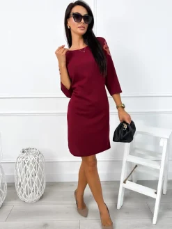 Bordowa Sukienka z Ozdobnym Rękawem 12780-24-A|Modna Kiecka Clearance