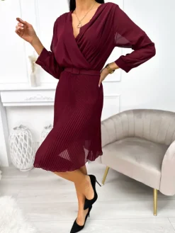 Bordowa Sukienka z Plisowanym Dołem 12799-182-A|Modna Kiecka Hot