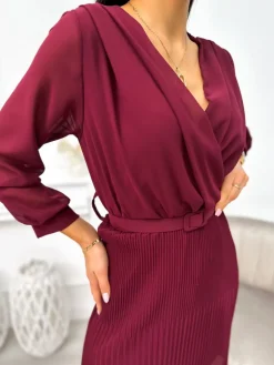 Bordowa Sukienka z Plisowanym Dołem 12799-182-A|Modna Kiecka Hot