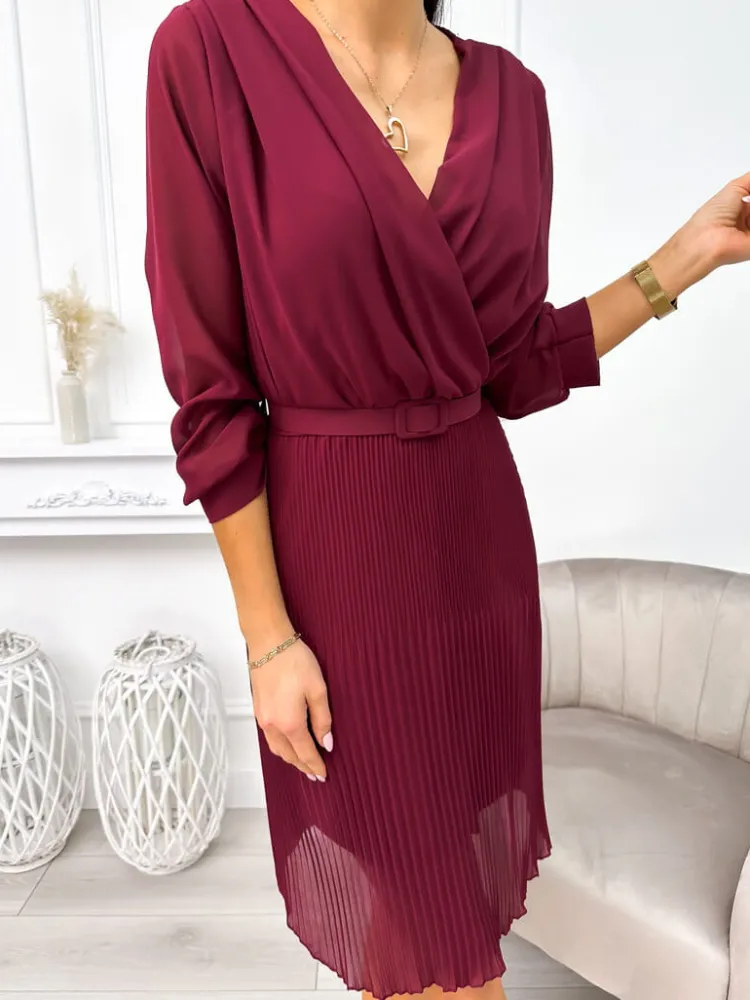 Bordowa Sukienka z Plisowanym Dołem 12799-182-A|Modna Kiecka Hot
