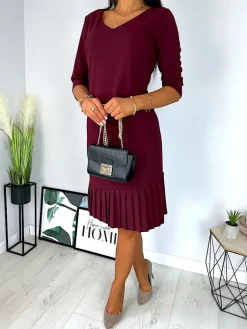 Bordowa Sukienka z Plisowaną Falbanką 11390-416-J|Modna Kiecka Best