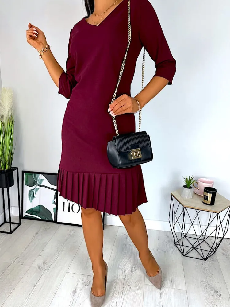 Bordowa Sukienka z Plisowaną Falbanką 11390-416-J|Modna Kiecka Best