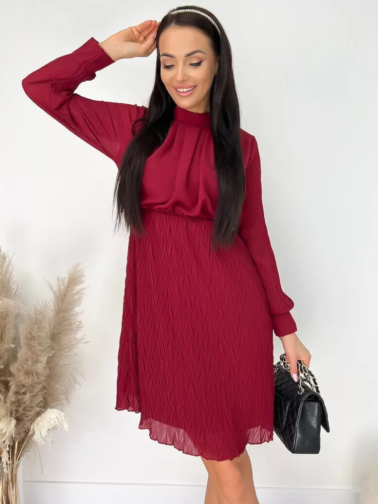 Bordowa Sukienka ze Stójką 9275-200-A|Modna Kiecka Outlet