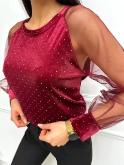 Bordowa Welurowa Bluzka z Ozdobami 13384-146-A|Modna Kiecka Discount