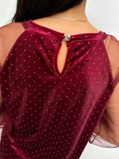 Bordowa Welurowa Bluzka z Ozdobami 13384-146-A|Modna Kiecka Discount