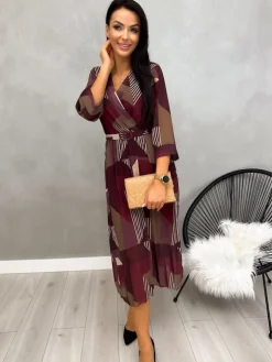 Bordowa Wzorzysta Plisowana Sukienka z Paskiem 13190-521-A|Modna Kiecka Sale