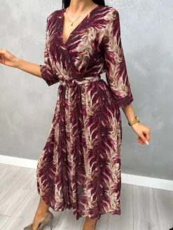 Bordowa Wzorzysta Plisowana Sukienka z Paskiem 13104-167-A|Modna Kiecka Discount