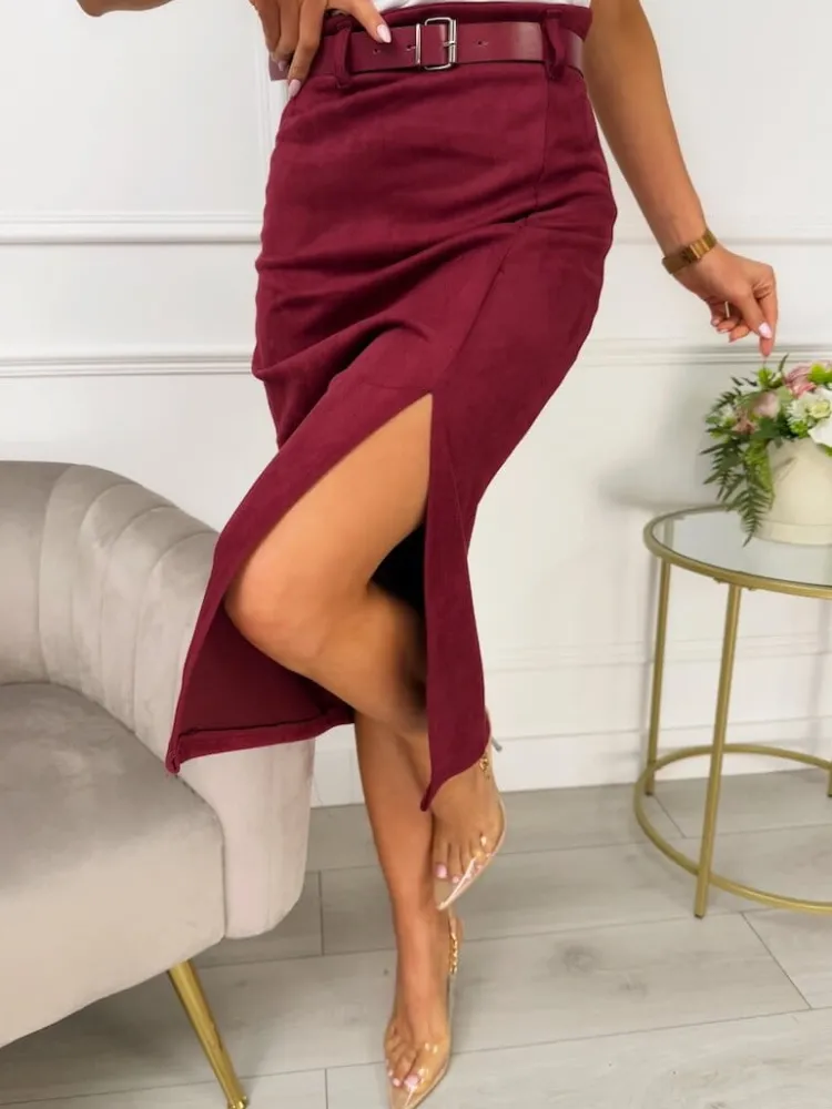 Bordowa Zamszowa Spódnica Midi z Paskiem 13520-237-B|Modna Kiecka Outlet
