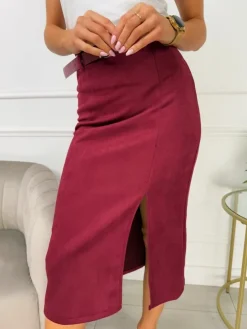 Bordowa Zamszowa Spódnica Midi z Paskiem 13520-237-B|Modna Kiecka Outlet