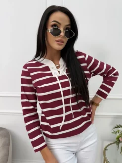 Bordowo-Kremowa Bluzka w Paski 13603-76-A|Modna Kiecka Online