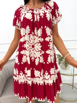 Bordowo-Kremowa Sukienka ze Wzorem  14057-503-A|Modna Kiecka Fashion