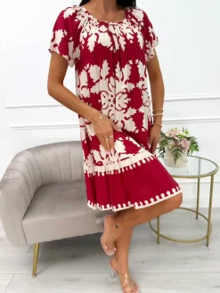 Bordowo-Kremowa Sukienka ze Wzorem 14057-503-A|Modna Kiecka Fashion