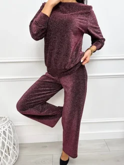 Bordowy Połyskujący Komplet Bluzka + Spodnie 13312-176-A|Modna Kiecka Fashion