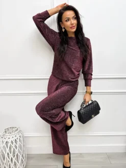 Bordowy Połyskujący Komplet Bluzka + Spodnie 13312-176-A|Modna Kiecka Fashion