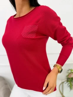 Bordowy Sweterek z Ozdobną Kieszonką 9540-521-I|Modna Kiecka Outlet