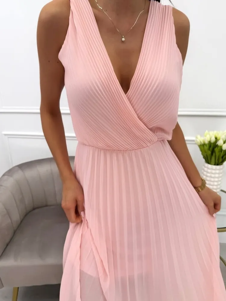 Brzoskwiniowa Plisowana Sukienka z Kopertowym Dekoltem 13869-500-B|Modna Kiecka Outlet