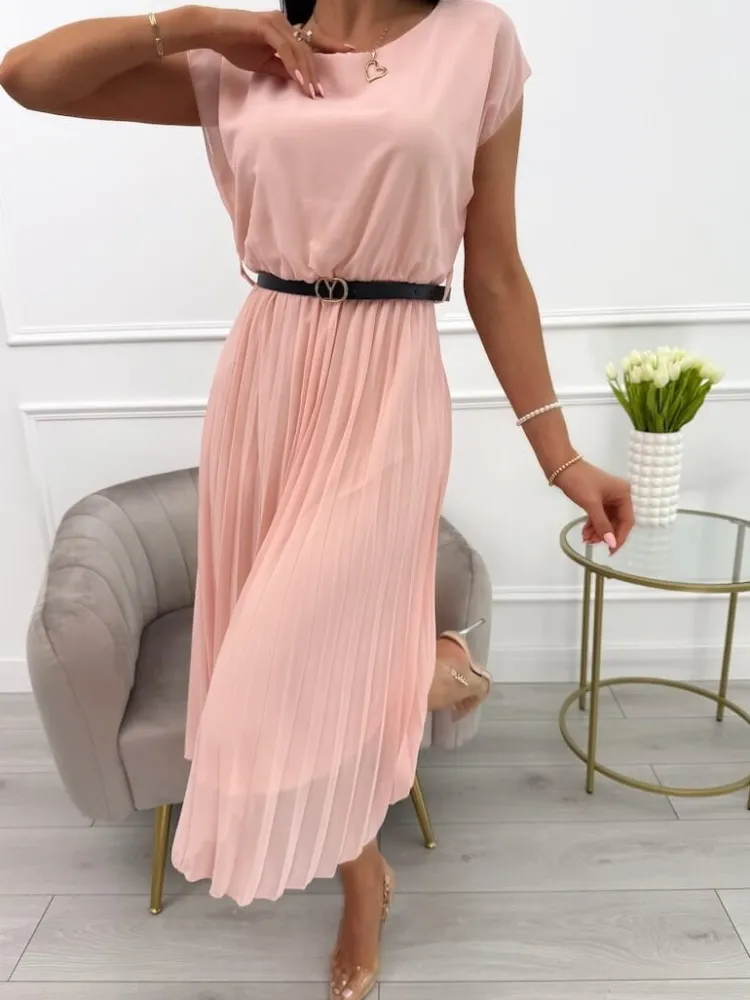 Brzoskwiniowa Sukienka z Plisowanym Dołem i Paskiem 13919-281-B|Modna Kiecka Fashion