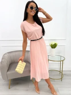 Brzoskwiniowa Sukienka z Plisowanym Dołem i Paskiem 13919-281-B|Modna Kiecka Fashion