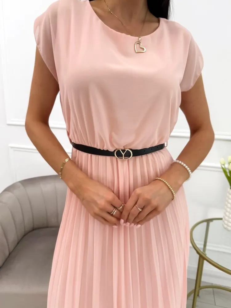 Brzoskwiniowa Sukienka z Plisowanym Dołem i Paskiem 13919-281-B|Modna Kiecka Fashion