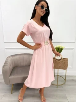 Brzoskwiniowa Sukienka z Paskiem 12387-406-I|Modna Kiecka Fashion