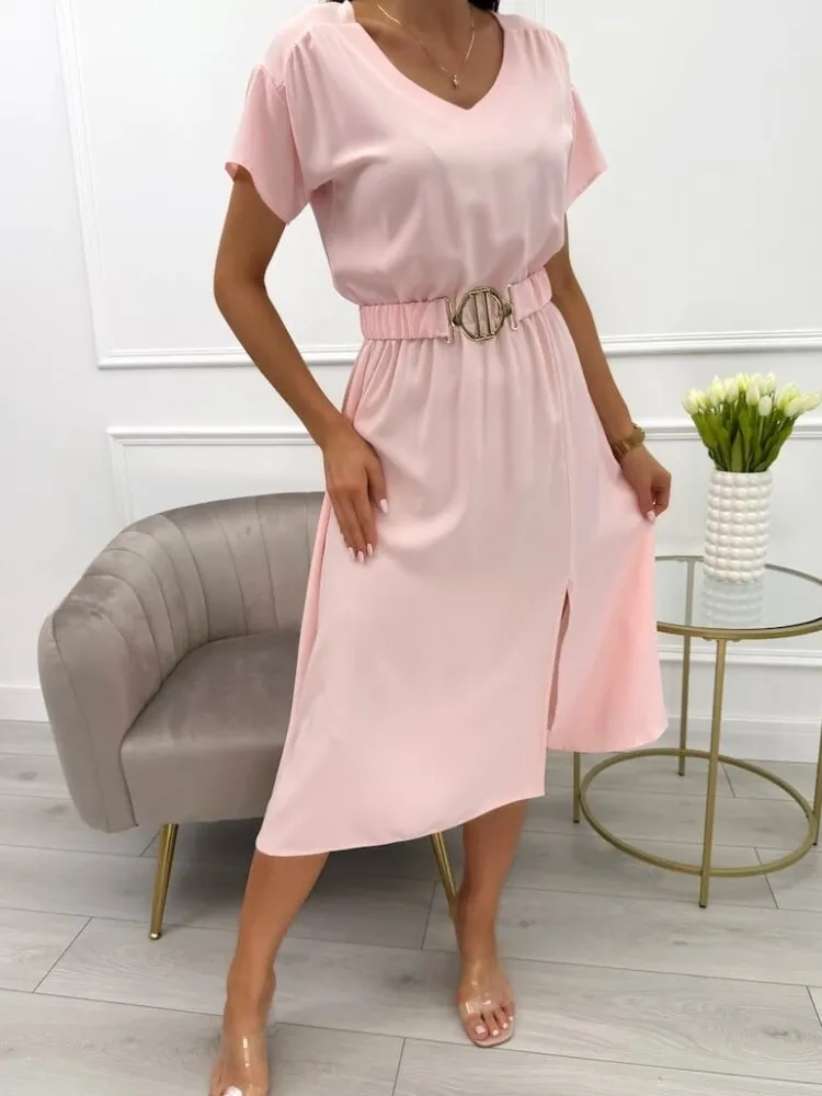 Brzoskwiniowa Sukienka z Paskiem 12387-406-I|Modna Kiecka Fashion