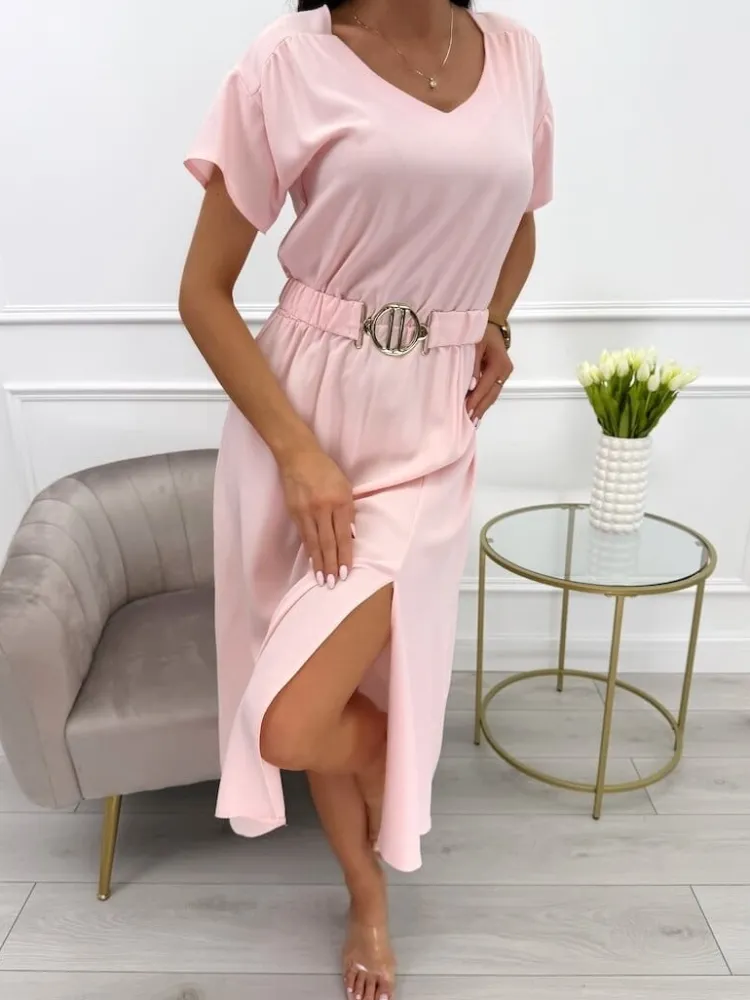 Brzoskwiniowa Sukienka z Paskiem 12387-406-I|Modna Kiecka Fashion