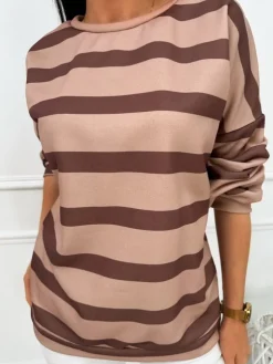 Brązowa Bluza w Paski 13451-04-B|Modna Kiecka Discount