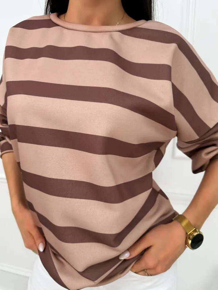 Brązowa Bluza w Paski 13451-04-B|Modna Kiecka Discount