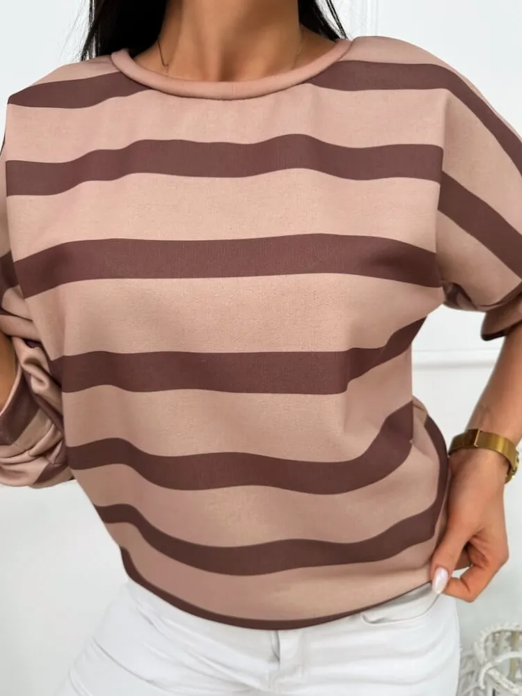 Brązowa Bluza w Paski 13451-04-B|Modna Kiecka Discount