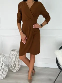 Brązowa Kopertowa Sukienka 7097-107-I|Modna Kiecka Hot