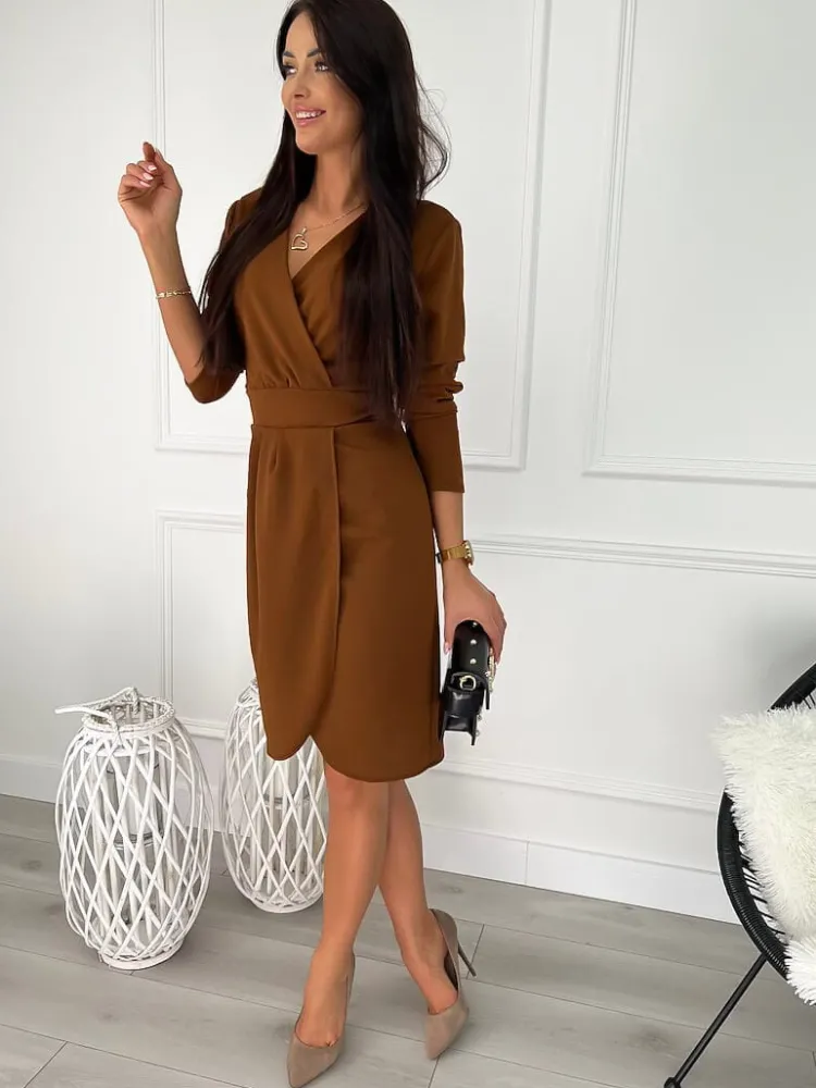 Brązowa Kopertowa Sukienka 7097-107-I|Modna Kiecka Hot