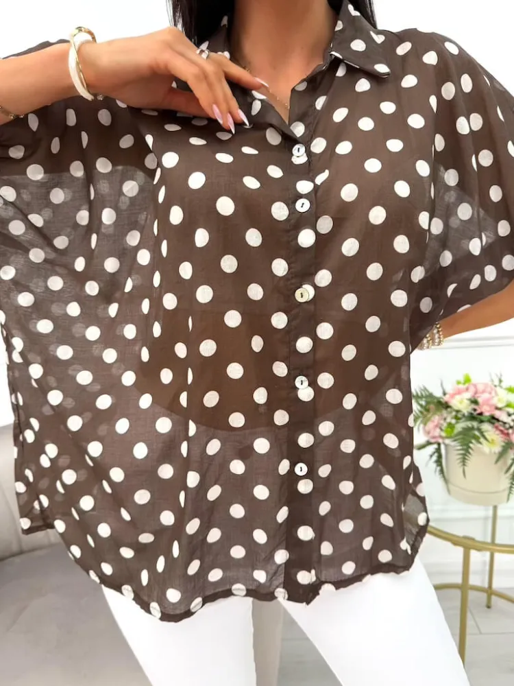 Brązowa Luźna Koszula w Grochy 14048-247-Q|Modna Kiecka Outlet