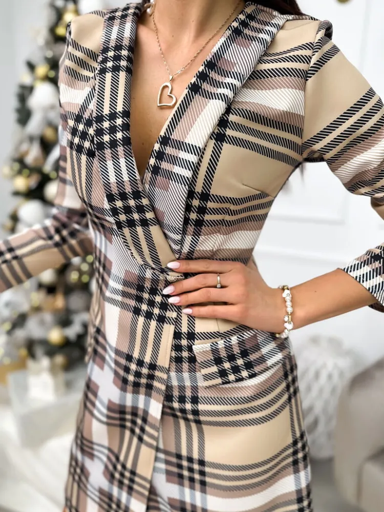 Brązowa Marynarkowa Sukienka w Kratę 11146-58-Q|Modna Kiecka Hot